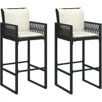 The Living Store Tuinset - Tuinbank - Tuinbarkrukken met kussens 2 st poly rattan zwart - Buitendecoratie - Lounge Stoel - Outdoor Furniture