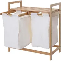 MCW Wasmand -B83, wassorteerder Wasmand, bamboe 2 compartimenten 74x64x33cm 70l ~ wit
