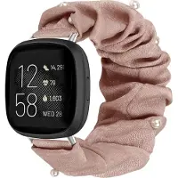 Strap-it Smartwatch bandje - Scrunchie nylon bandje - geschikt voor Fitbit Versa 3 / Fitbit Sense - donkerbeige met namaakparels
