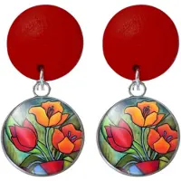 Charme Bijoux Clip oorbellen- Tulp -rood hout- lang-geen gaatje-