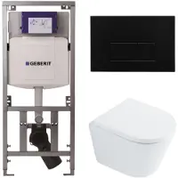 Geberit QeramiQ Dely Toiletset - 36.3x51.7cm - diepspoel - rimless - UP320 inbouwreservoir - met Burda frame - softclose toilet zitting - 35mm - kunstof mat zwarte bedieningsplaat - rechthoekige