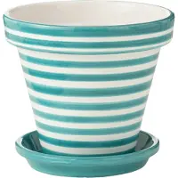 J-Line Flowerpot+plate granada stripes handmade+painted ceramic aqua large