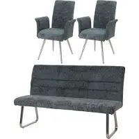 Mendler Eetkamerset -G55, set van 2 stoelen met armleuningen + zitbank 180cm, geborsteld roestvrij staal stof/textiel chenille ~ blauwgroen