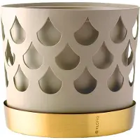 Klong Trio Drop bloempot beige met schotel van messing Medium Ø18 cm