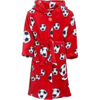 Playshoes fleece badjas Socces met voetbal dessin rood All over print - maat 134/140