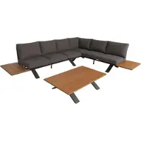 Mendler Aluminium tuinset -M62, zitgroep tuin-/loungeset bank, houtlook ~ frame antraciet, bekleding donkergrijs