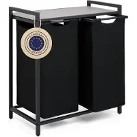 Blumtal Wasmand met 2 vakken - Wasmand met betonlook plank - Metalen frame - Wasmand met poten - Zwart
