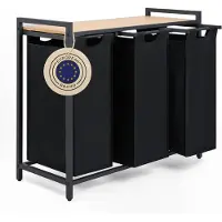 Blumtal Wasmand met 3 vakken - Wasmand met bamboe plank - Metalen frame - Wasmand met poten - Zwart