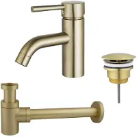 FortiFura Calvi Wastafelkraanset - lage wastafelkraan - always open plug - verlaagde design sifon - Geborsteld Messing PVD (Goud) SW720547/SW696208/SW696218