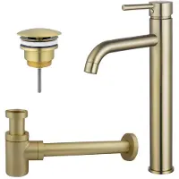 FortiFura Calvi Wastafelkraanset - verhoogde wastafelkraan - always open plug - verlaagde design sifon - Geborsteld Messing PVD (Goud) SW720549/SW696208/SW696218