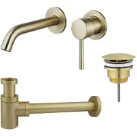 FortiFura Calvi Slim Wastafelkraanset - inbouw wastafelkraan - always open plug - verlaagde design sifon - Geborsteld Messing PVD (Goud) SW720228/SW696208/SW696218