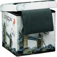Relaxdays poef met opbergruimte - opvouwbaar - kunstleer - Londen print - 38 cm hoog - deksel - voetenbankje