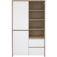 Ebuy24 Next vitrinekast 3 deuren, 2 lades, 1 plank eiken decor, wit hoogglans.