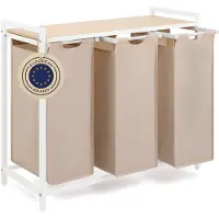 Blumtal Wasmand met 3 vakken - Wasmand met bamboe plank - Metalen frame - Wasmand met poten - Wit en creme