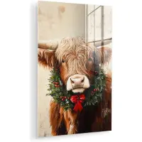 MuchoWow Glasschilderij 100x150 cm - Schilderij acrylglas - Kerst - Schotse Hooglander - Bruin - Krans - Foto op glas - Muurdecoratie woonkamer - Wanddecoratie slaapkamer - Schilderijen