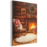 MuchoWow Aluminium schilderij 60x80 cm - Wanddecoratie metaal - Winter - Kerst - Huis - Openhaard - Metalen muurdecoratie woonkamer - Decoratie industrieel - Foto op dibond - Industriële accessoires slaapkamer