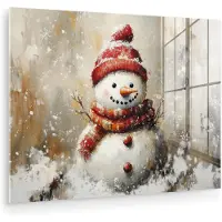 MuchoWow Glasschilderij 80x60 cm - Schilderij acrylglas - Sneeuwpop - Winter - Sneeuw - Beige - Foto op glas - Muurdecoratie woonkamer - Wanddecoratie slaapkamer - Schilderijen