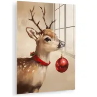 MuchoWow Glasschilderij 120x160 cm - Schilderij acrylglas - Kerst - Hert - Gewei - Kerstbal - Rendier - Foto op glas - Muurdecoratie woonkamer - Wanddecoratie slaapkamer - Schilderijen