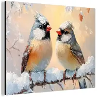 MuchoWow Aluminium schilderij 160x120 cm - Wanddecoratie metaal - Vogels - Tak - Winter - Sneeuw - Metalen muurdecoratie woonkamer - Decoratie industrieel - Foto op dibond - Industriële accessoires slaapkamer