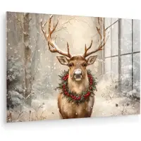 MuchoWow Glasschilderij 60x40 cm - Schilderij acrylglas - Kerst - Rendier - Winter - Krans - Foto op glas - Muurdecoratie woonkamer - Wanddecoratie slaapkamer - Schilderijen