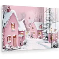 MuchoWow Glasschilderij 150x100 cm - Schilderij acrylglas - Kerstdorp - Roze - Winter - Sneeuw - Huizen - Foto op glas - Muurdecoratie woonkamer - Wanddecoratie slaapkamer - Schilderijen