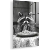 MuchoWow Glasschilderij 60x90 cm - Schilderij acrylglas - Wasbeer - Cute - Pasta - Tafelkleed - Zwart - Wit - Foto op glas - Muurdecoratie woonkamer - Wanddecoratie slaapkamer - Schilderijen