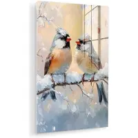 MuchoWow Glasschilderij 20x30 cm - Schilderij acrylglas - Vogels - Tak - Winter - Sneeuw - Foto op glas - Muurdecoratie woonkamer - Wanddecoratie slaapkamer - Schilderijen