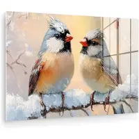 MuchoWow Glasschilderij 90x60 cm - Schilderij acrylglas - Vogels - Tak - Winter - Sneeuw - Foto op glas - Muurdecoratie woonkamer - Wanddecoratie slaapkamer - Schilderijen