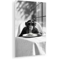 MuchoWow Glasschilderij 40x60 cm - Schilderij acrylglas - Aap - Spaghetti - Zonnebril - Zwart wit - Cool - Dier - Foto op glas - Muurdecoratie woonkamer - Wanddecoratie slaapkamer - Schilderijen