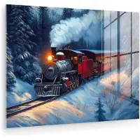MuchoWow Glasschilderij 40x30 cm - Schilderij acrylglas - Trein - Kerst - Sneeuw - Kersttrein - Foto op glas - Muurdecoratie woonkamer - Wanddecoratie slaapkamer - Schilderijen