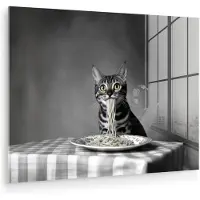 MuchoWow Glasschilderij 120x90 cm - Schilderij acrylglas - Bengaal - Kat - Tafelkleed - Zwart - Wit - Dier - Foto op glas - Muurdecoratie woonkamer - Wanddecoratie slaapkamer - Schilderijen