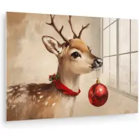 MuchoWow Glasschilderij 30x20 cm - Schilderij acrylglas - Kerst - Hert - Gewei - Kerstbal - Rendier - Foto op glas - Muurdecoratie woonkamer - Wanddecoratie slaapkamer - Schilderijen