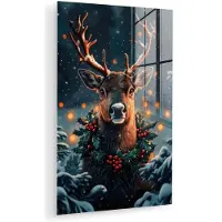 MuchoWow Glasschilderij 20x30 cm - Schilderij acrylglas - Hert - Kerst - Winter - Sneeuw - Kerstkrans - Foto op glas - Muurdecoratie woonkamer - Wanddecoratie slaapkamer - Schilderijen