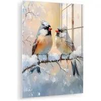 MuchoWow Glasschilderij 30x40 cm - Schilderij acrylglas - Vogels - Tak - Winter - Sneeuw - Foto op glas - Muurdecoratie woonkamer - Wanddecoratie slaapkamer - Schilderijen