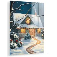 MuchoWow Glasschilderij 120x160 cm - Schilderij acrylglas - Kerst - Kerstboom - Winter - Huis - Sneeuw - Foto op glas - Muurdecoratie woonkamer - Wanddecoratie slaapkamer - Schilderijen