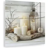 MuchoWow Glasschilderij 20x20 cm - Schilderij acrylglas - Stilleven - Wit - Kaarsen - Rustiek - Natuur - Foto op glas - Muurdecoratie woonkamer - Wanddecoratie slaapkamer - Schilderijen