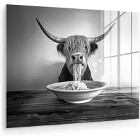 MuchoWow Glasschilderij 160x120 cm - Schilderij acrylglas - Schotse Hooglander - Spaghetti - Dieren - Zwart wit - Foto op glas - Muurdecoratie woonkamer - Wanddecoratie slaapkamer - Schilderijen