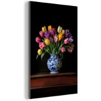 MuchoWow Aluminium schilderij 20x30 cm - Wanddecoratie metaal - Tulpen - Kleuren - Hout - Vaas - Metalen muurdecoratie woonkamer - Decoratie industrieel - Foto op dibond - Industriële accessoires slaapkamer