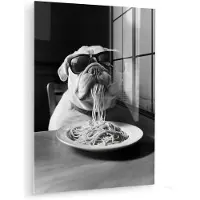 MuchoWow Glasschilderij 120x160 cm - Schilderij acrylglas - Hond - Bulldog - Pasta - Bril - Stoer - Dieren - Foto op glas - Muurdecoratie woonkamer - Wanddecoratie slaapkamer - Schilderijen