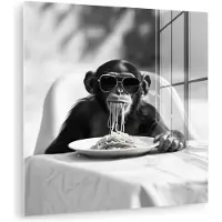 MuchoWow Glasschilderij 50x50 cm - Schilderij acrylglas - Aap - Spaghetti - Zonnebril - Zwart wit - Cool - Dier - Foto op glas - Muurdecoratie woonkamer - Wanddecoratie slaapkamer - Schilderijen
