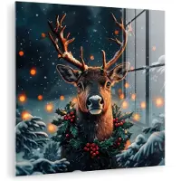 MuchoWow Glasschilderij 20x20 cm - Schilderij acrylglas - Hert - Kerst - Winter - Sneeuw - Kerstkrans - Foto op glas - Muurdecoratie woonkamer - Wanddecoratie slaapkamer - Schilderijen