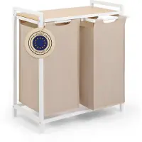 Blumtal Wasmand met 2 vakken - Wasmand met bamboe plank - Metalen frame - Wasmand met poten - Wit en creme