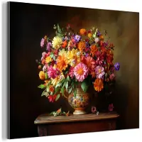 MuchoWow Aluminium schilderij 160x120 cm - Wanddecoratie metaal - Kleuren - Boeket - Vaas - Hout - Metalen muurdecoratie woonkamer - Decoratie industrieel - Foto op dibond - Industriële accessoires slaapkamer