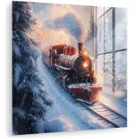MuchoWow Glasschilderij 50x50 cm - Schilderij acrylglas - Kersttrein - Sneeuw - Winter - Kerst - Foto op glas - Muurdecoratie woonkamer - Wanddecoratie slaapkamer - Schilderijen