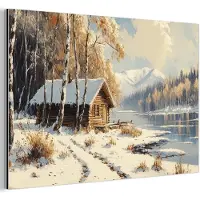MuchoWow Aluminium schilderij 60x40 cm - Wanddecoratie metaal - Winter - Sneeuw - Huis - Natuur - Metalen muurdecoratie woonkamer - Decoratie industrieel - Foto op dibond - Industriële accessoires slaapkamer