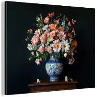 MuchoWow Aluminium schilderij 160x120 cm - Wanddecoratie metaal - Hout - Vaas - Kleuren - Bloemen - Metalen muurdecoratie woonkamer - Decoratie industrieel - Foto op dibond - Industriële accessoires slaapkamer