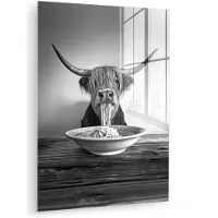 MuchoWow Glasschilderij 90x120 cm - Schilderij acrylglas - Schotse Hooglander - Spaghetti - Dieren - Zwart wit - Foto op glas - Muurdecoratie woonkamer - Wanddecoratie slaapkamer - Schilderijen