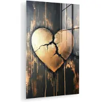 MuchoWow Glasschilderij 120x180 cm - Schilderij acrylglas - Gebroken hart - Goud - Houtlook - Liefde - Foto op glas - Muurdecoratie woonkamer - Wanddecoratie slaapkamer - Schilderijen