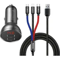 Baseus Digitale Display Dual USB 4.8A Autolader 24W met Drie Primaire Kleuren 3-in-1 Kabel USB 1..., Auto-adapter, Grijs