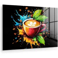 MuchoWow Glasschilderij 180x120 cm - Schilderij acrylglas - Koffie - Graffiti - Drinken - Abstract - Foto op glas - Muurdecoratie woonkamer - Wanddecoratie slaapkamer - Schilderijen